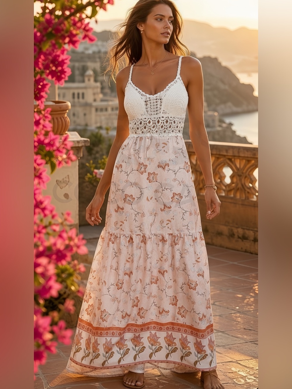 Crochet Top Backless Floral Print Dress